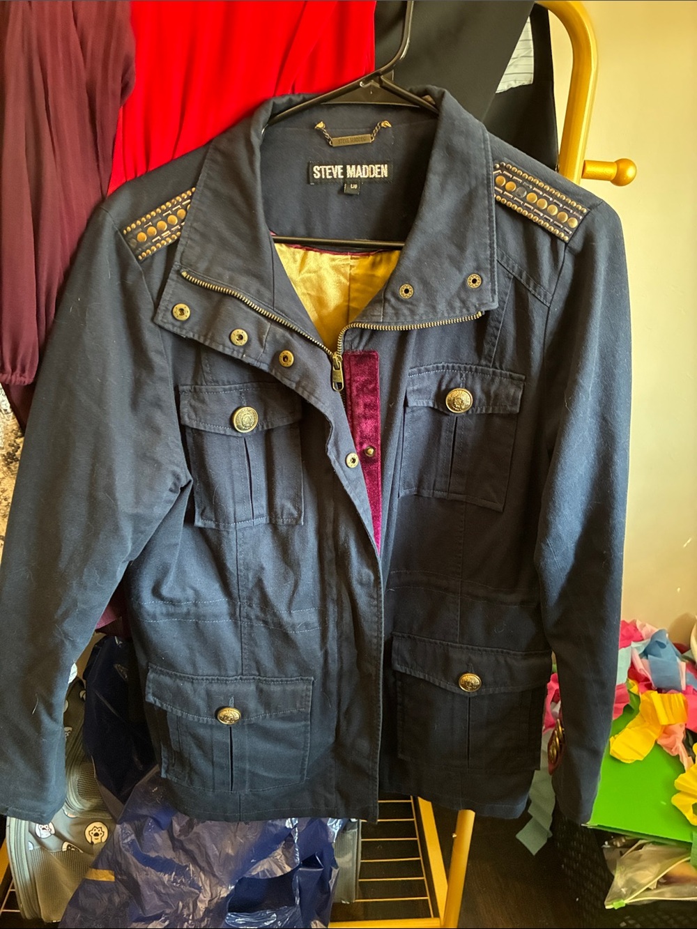 Steve Madden Navy Utility Jacket with Studded Epaulettes